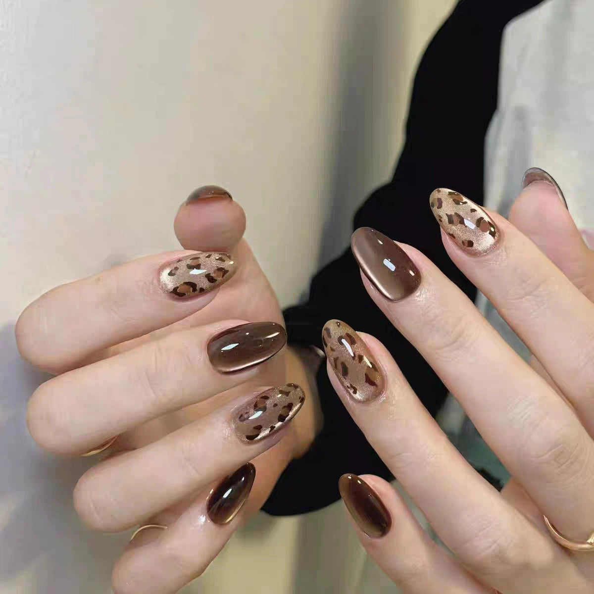 White Cat Eye Leopard Almond Press-On Nails