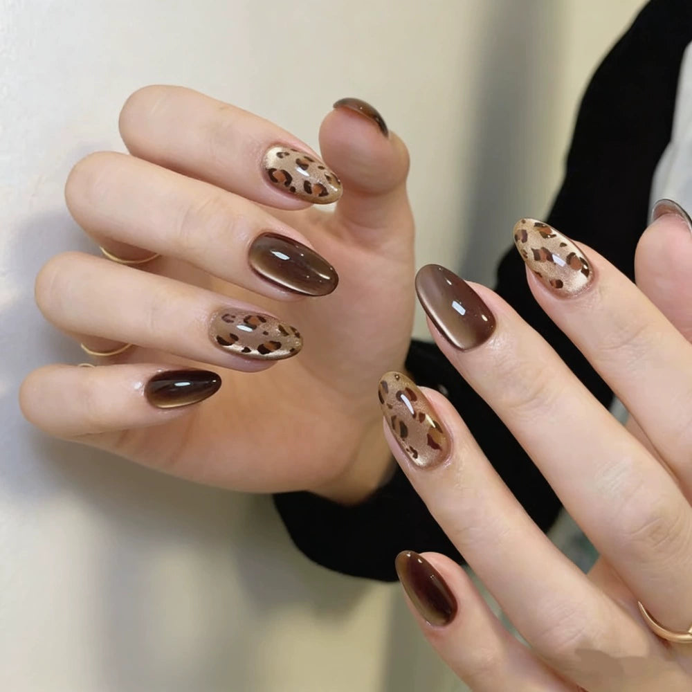 White Cat Eye Leopard Almond Press-On Nails