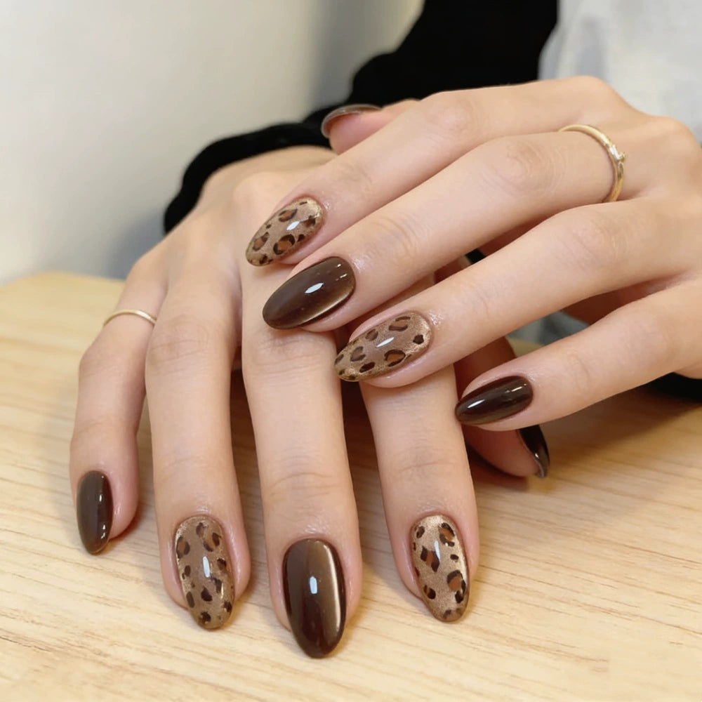 White Cat Eye Leopard Almond Press-On Nails
