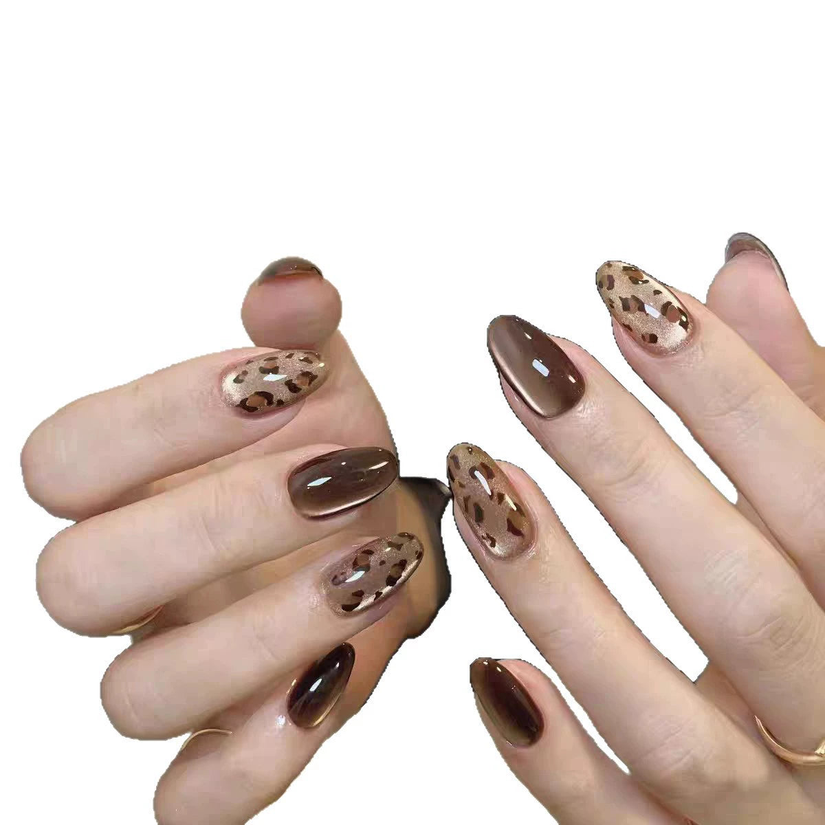 White Cat Eye Leopard Almond Press-On Nails