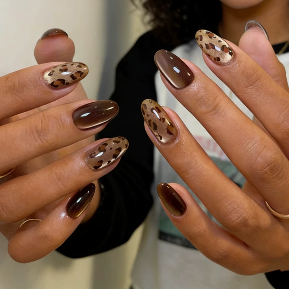 White Cat Eye Leopard Almond Press-On Nails