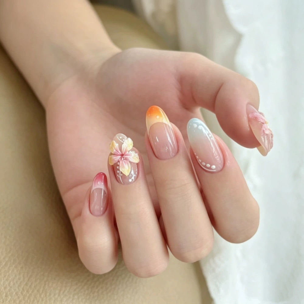 Floral Ombre Almond Press-On Nails