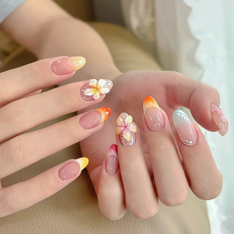 Floral Ombre Almond Press-On Nails