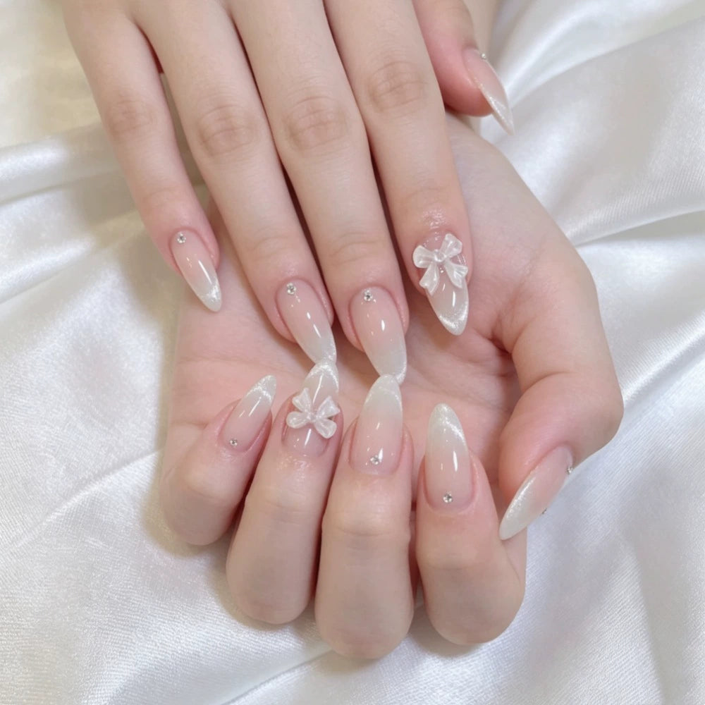 White Cat Eye Bow Almond Press-On Nails