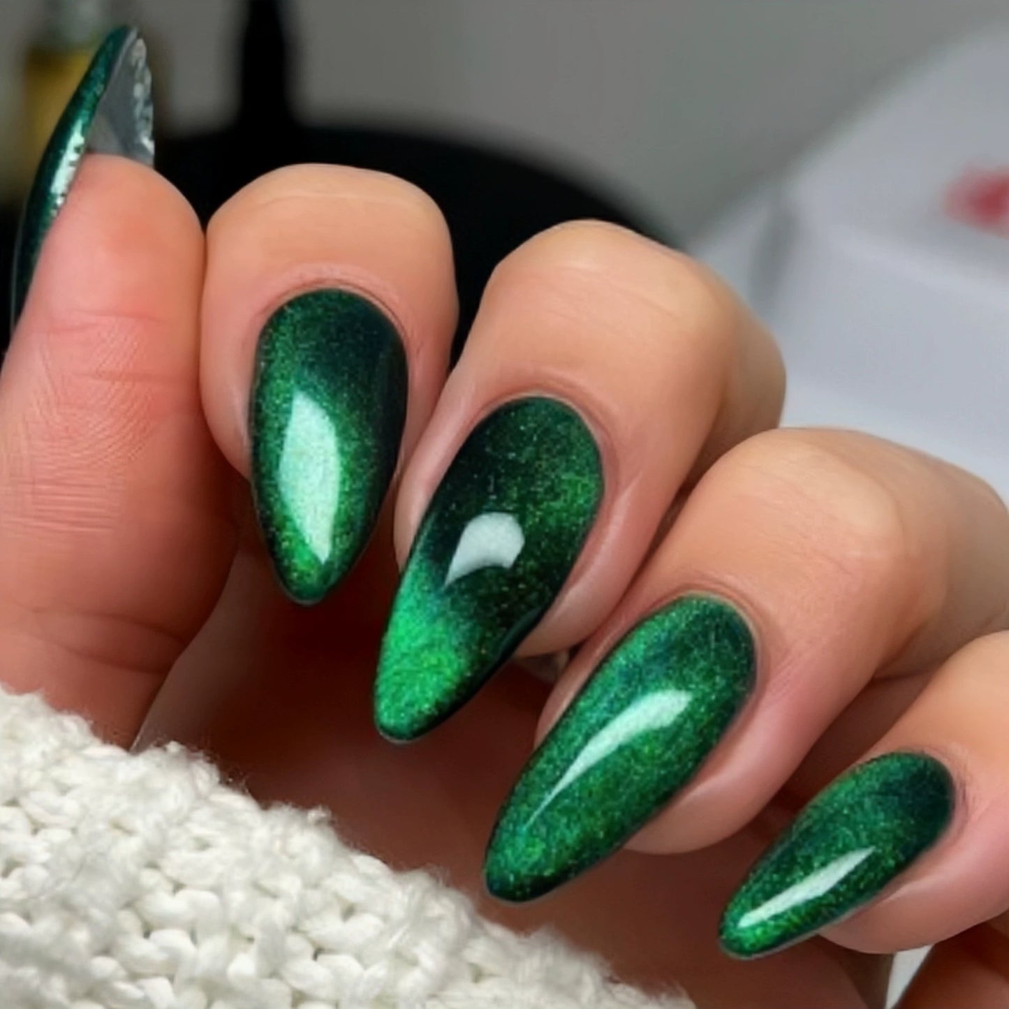 White Cat Eye Almond Press-On Nails