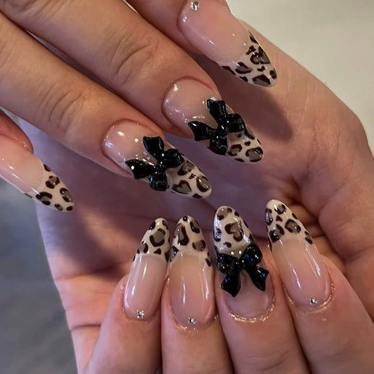 Leopard French Bow 3D Rhinestone Press-On Nails