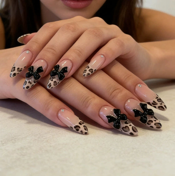Leopard French Bow 3D Rhinestone Press-On Nails
