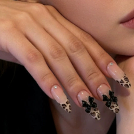 Leopard French Bow 3D Rhinestone Press-On Nails