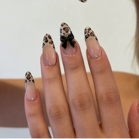 Leopard French Bow 3D Rhinestone Press-On Nails