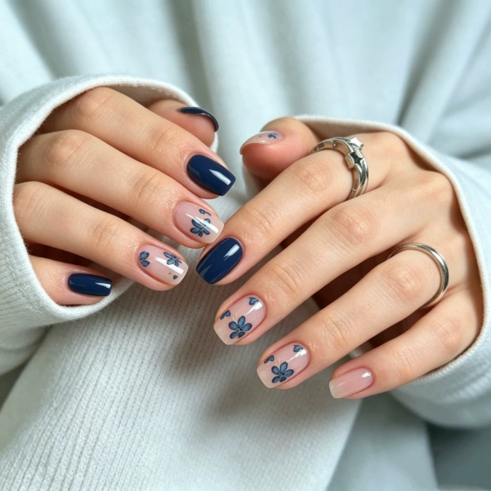 White Floral Short Square Press-On Nails