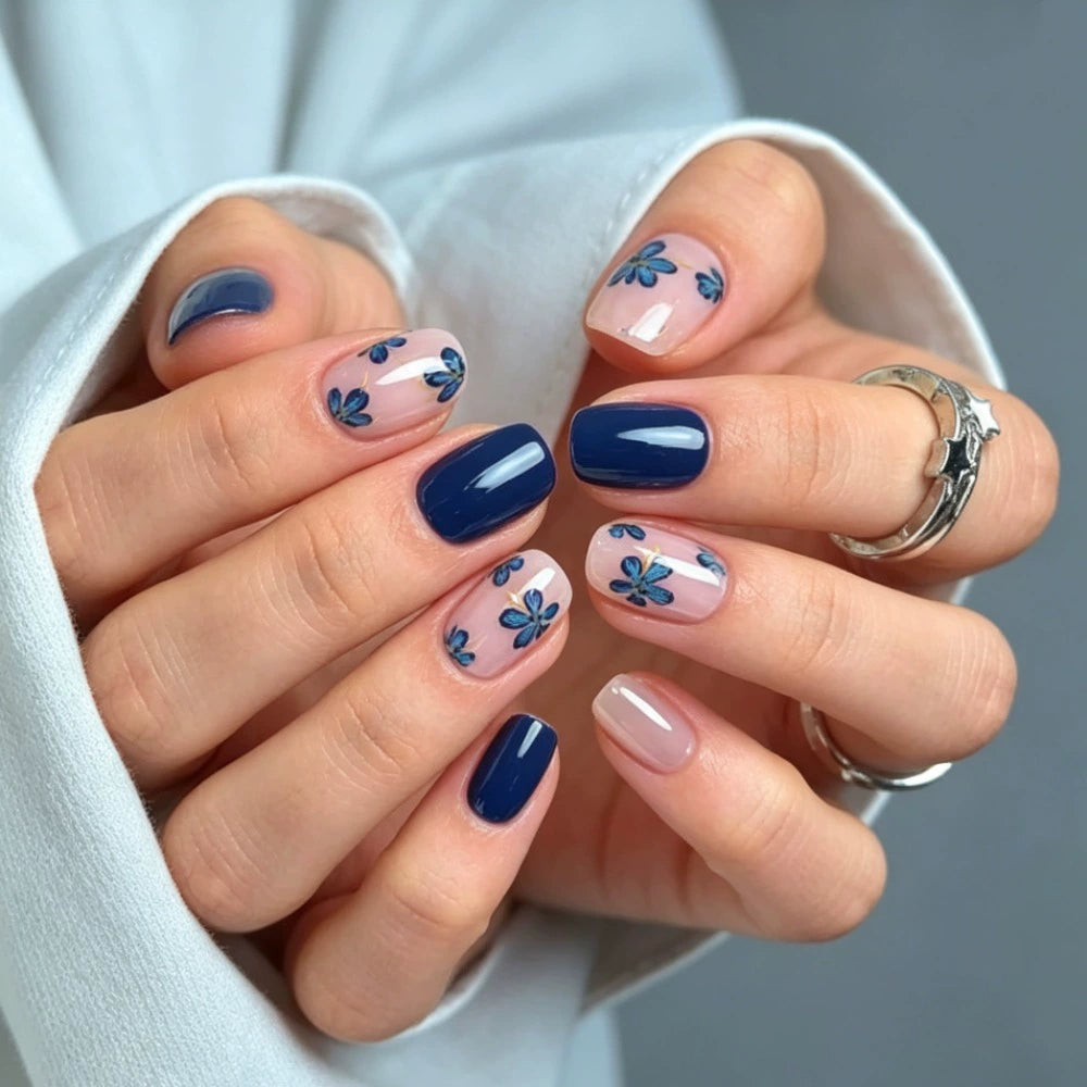 White Floral Short Square Press-On Nails