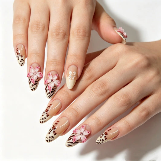 Leopard French 3D Floral Almond Press-On Nails