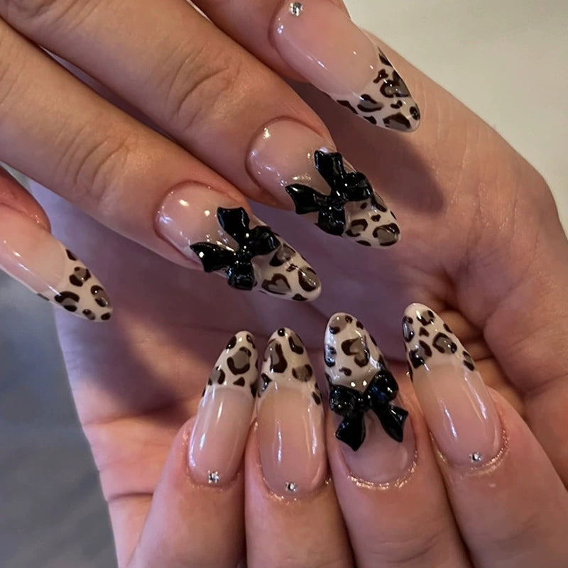 Leopard French 3D Floral Almond Press-On Nails