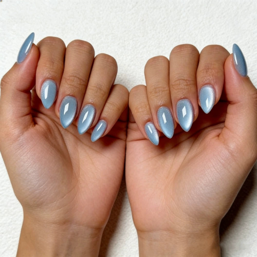 Blue Cat Eye Almond Press-On Nails