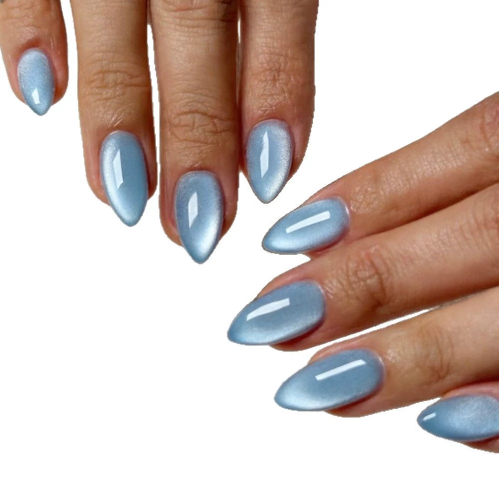 Blue Cat Eye Almond Press-On Nails