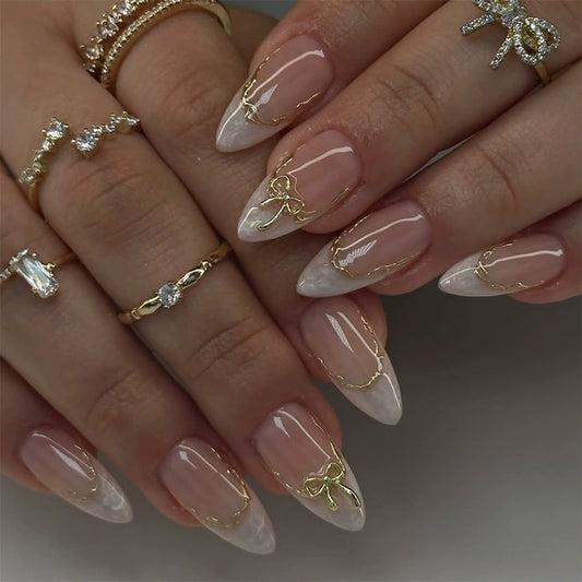 White French Bow Almond Press-On Nails