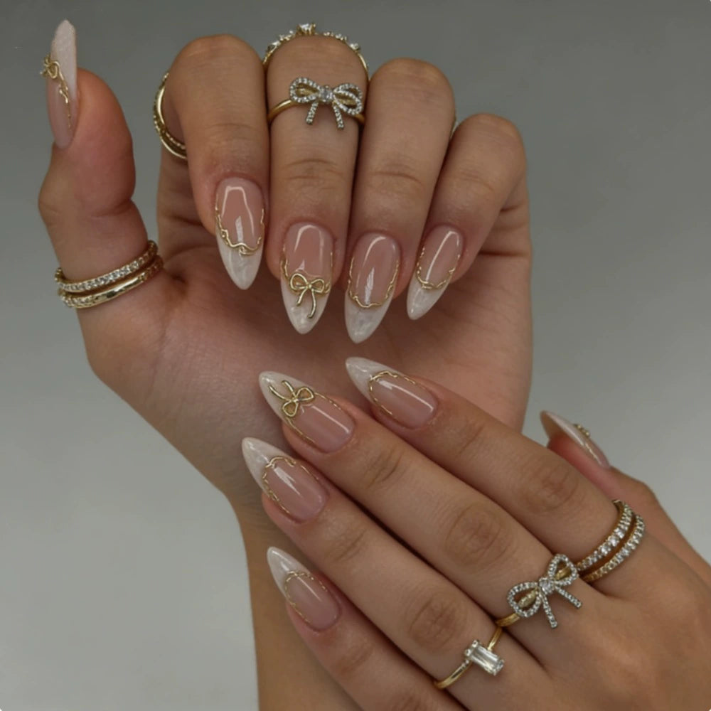 White French Bow Almond Press-On Nails