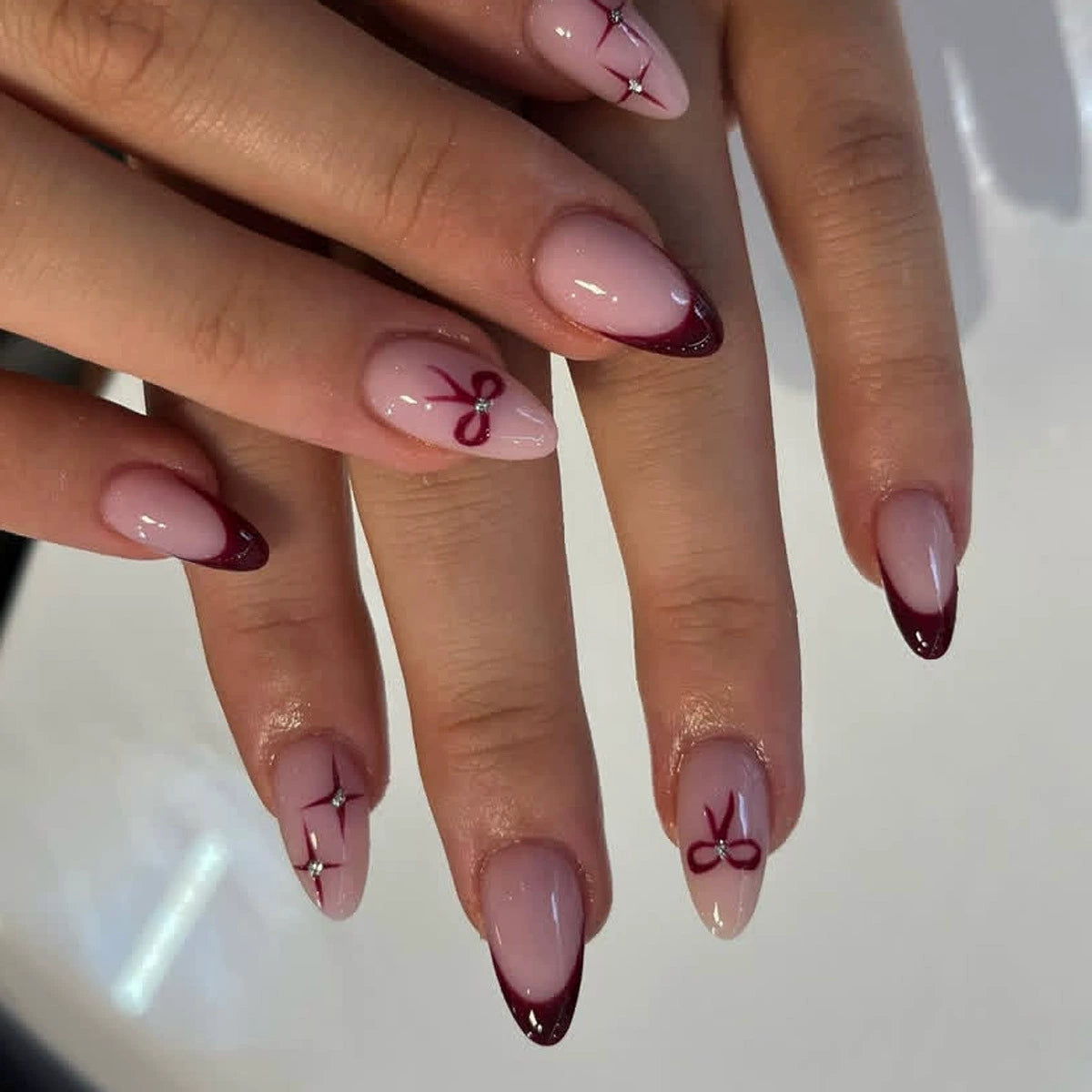 Red French Bow Rhinestone Press-On Nails