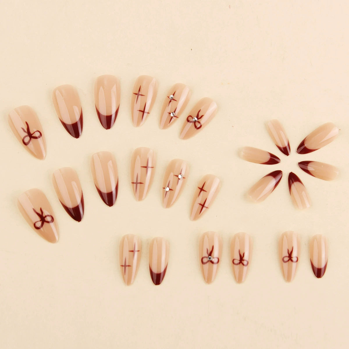 Red French Bow Rhinestone Press-On Nails