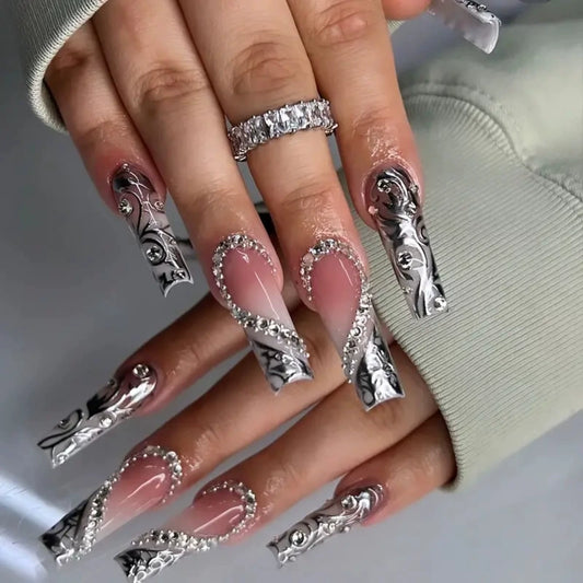 Black French 3D Rhinestone Press-On Nails