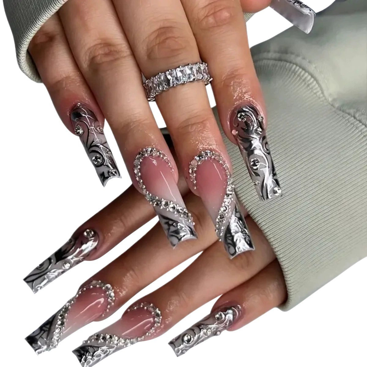 Black French 3D Rhinestone Press-On Nails
