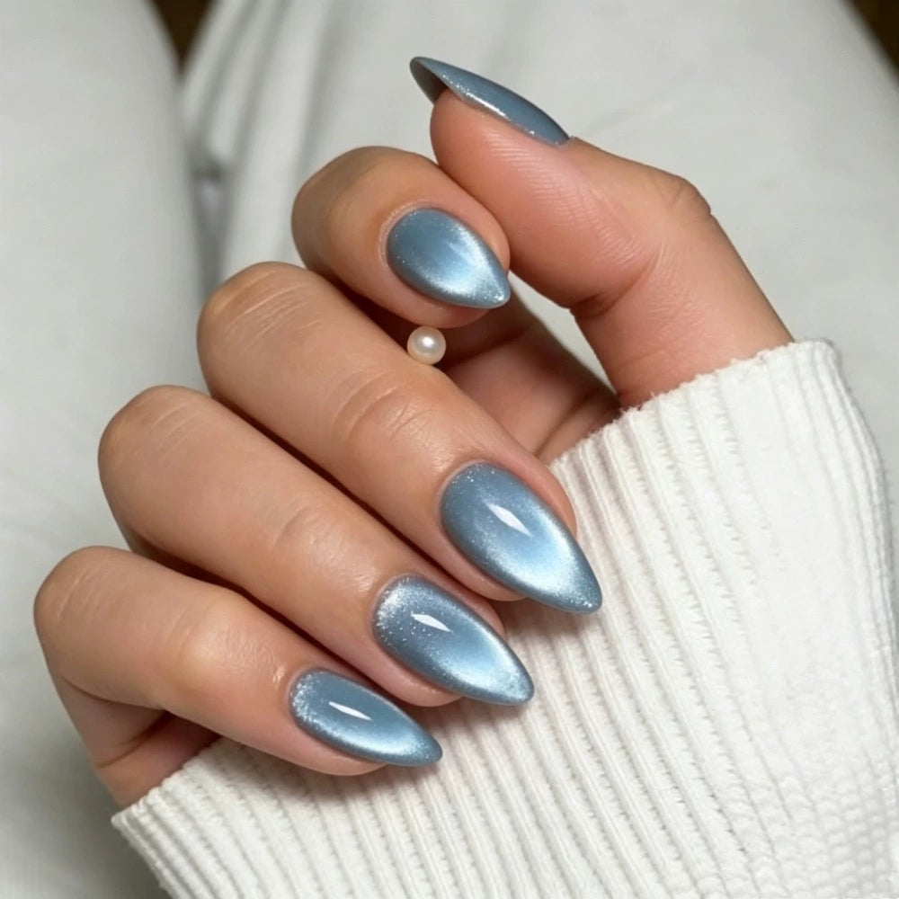 Blue Cat Eye Almond Press-On Nails