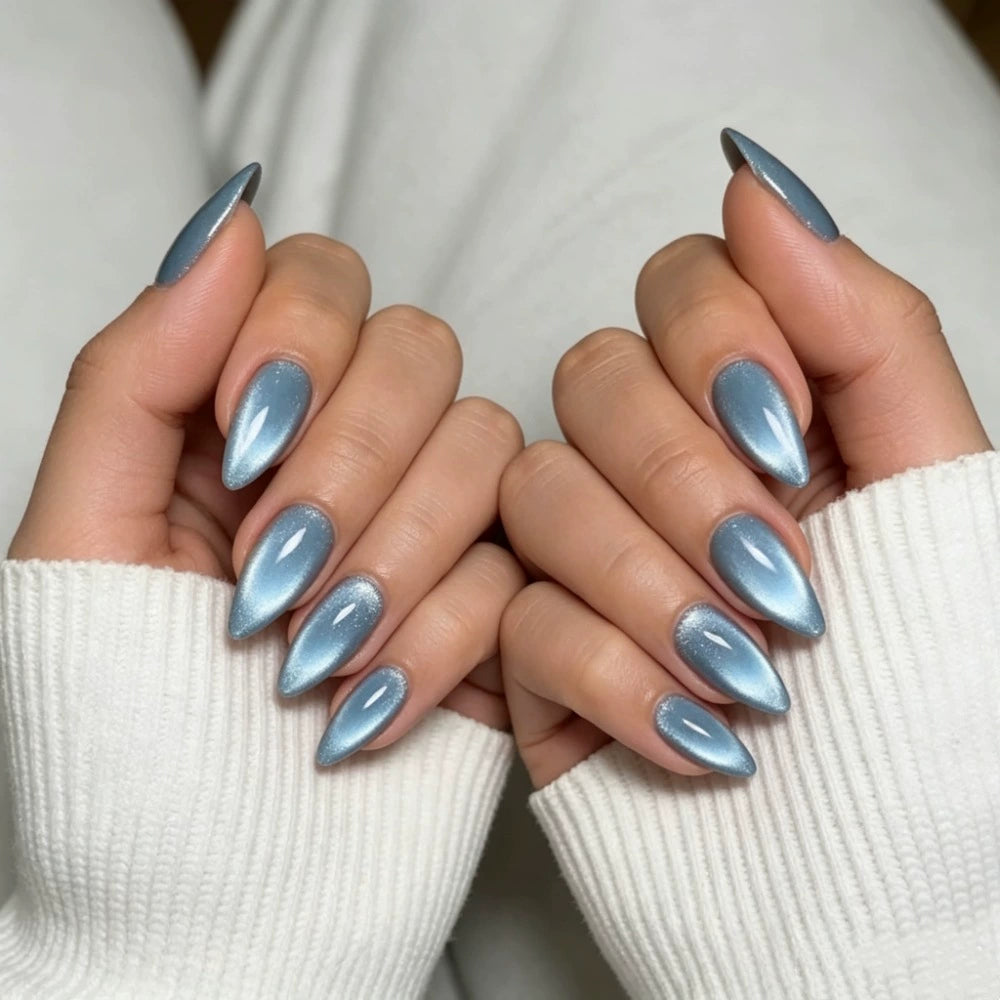 Blue Cat Eye Almond Press-On Nails