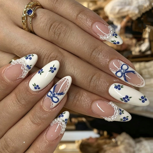 White French Floral Almond Press-On Nails