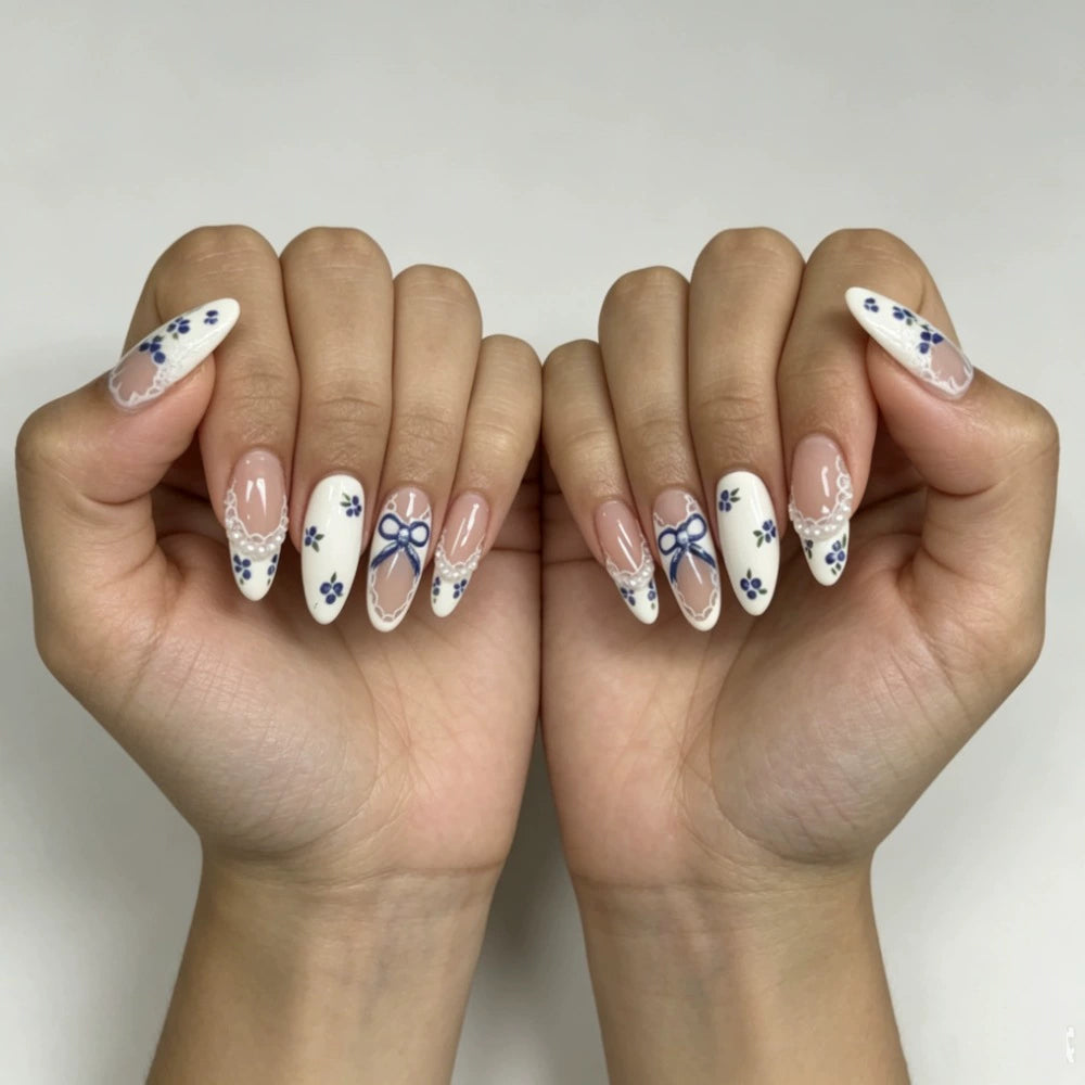 White French Floral Almond Press-On Nails
