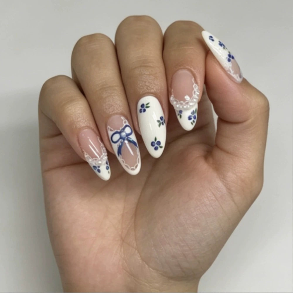 White French Floral Almond Press-On Nails