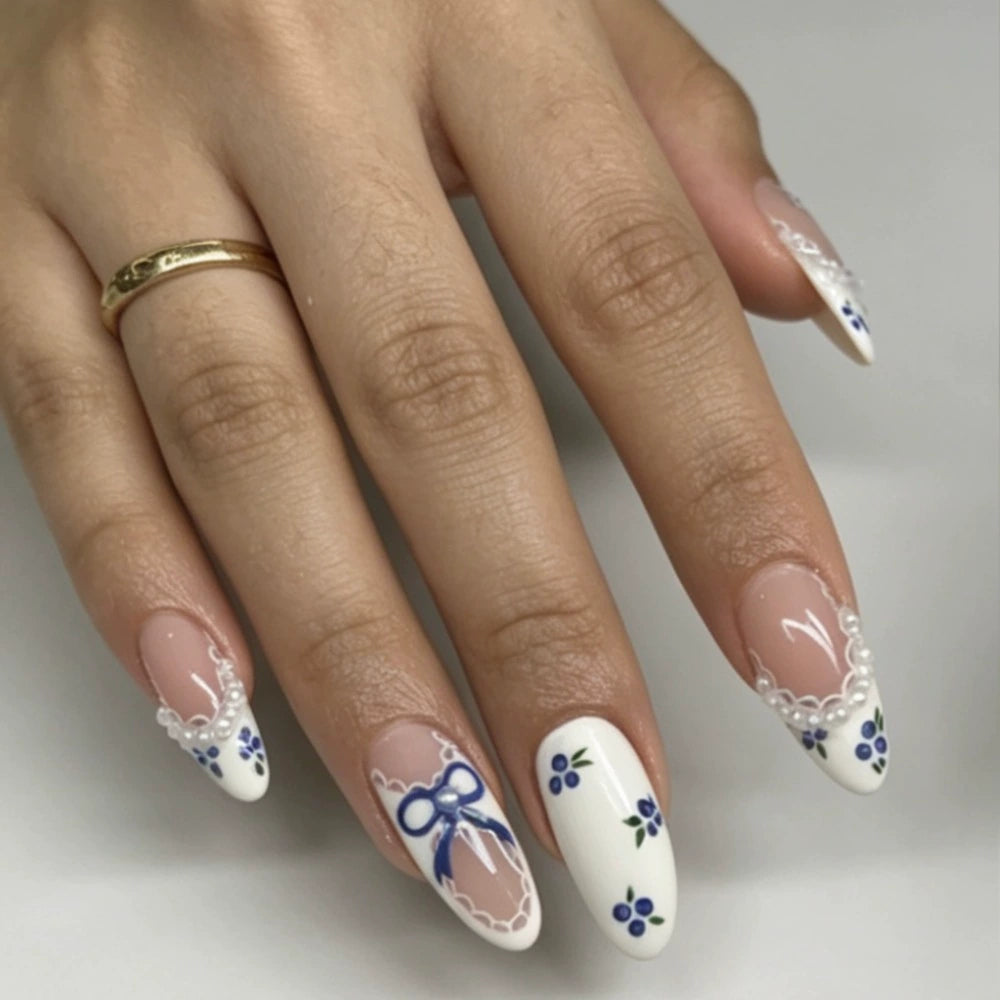 White French Floral Almond Press-On Nails