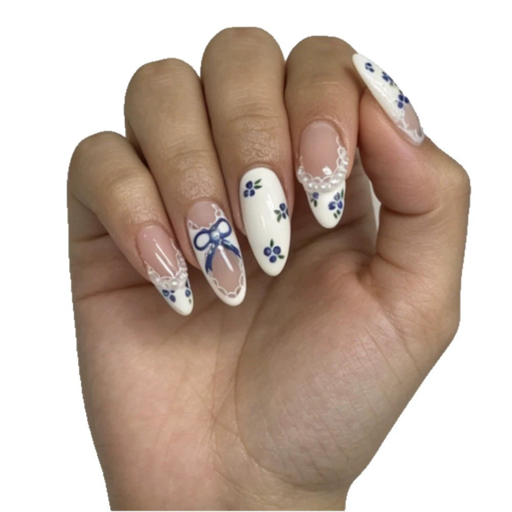 White French Floral Almond Press-On Nails