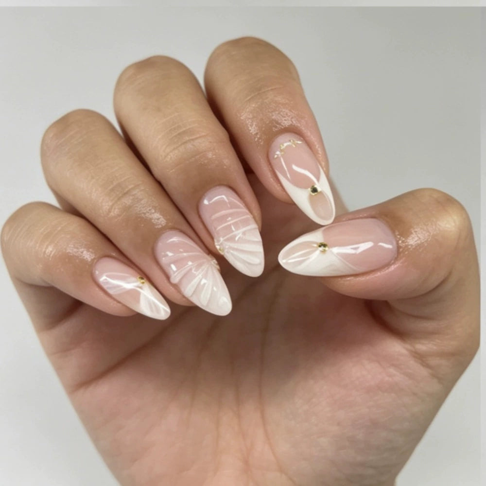 White 3D Almond Press-On Nails