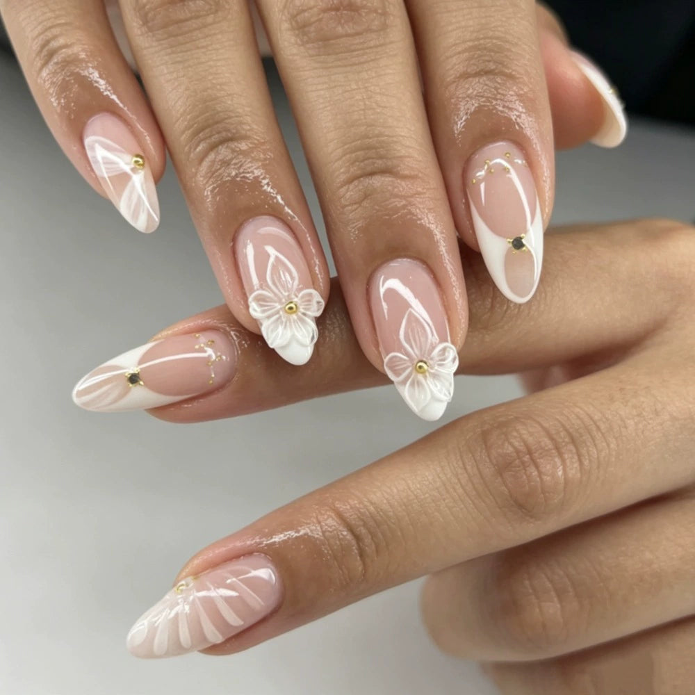 White 3D Almond Press-On Nails