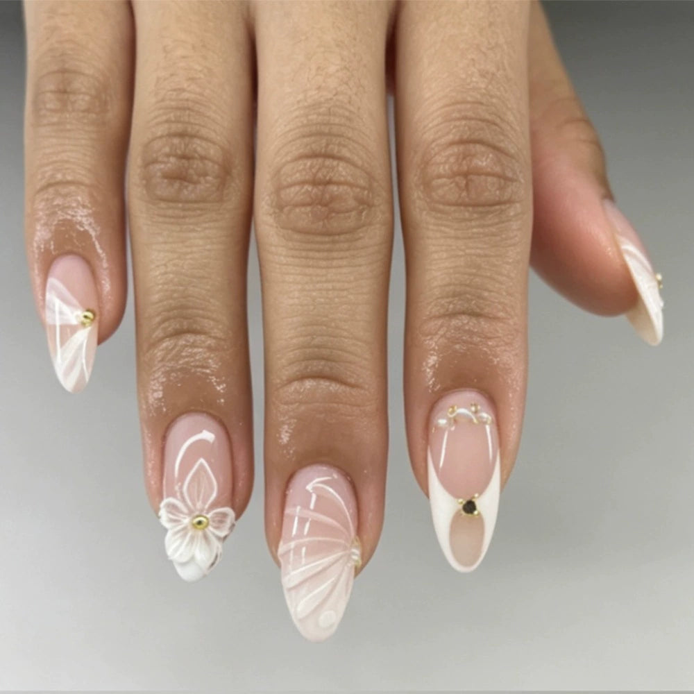 White 3D Almond Press-On Nails
