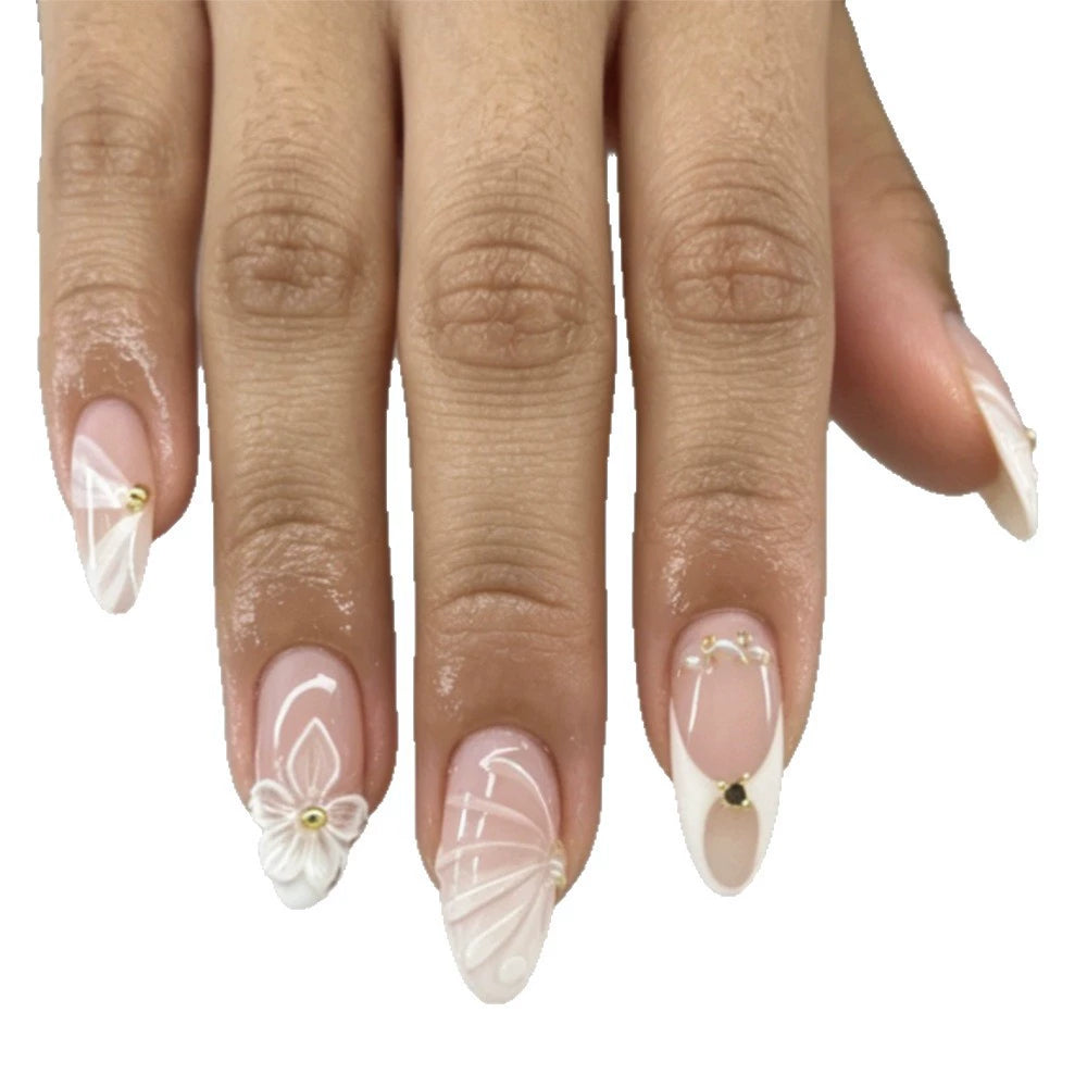 White 3D Almond Press-On Nails