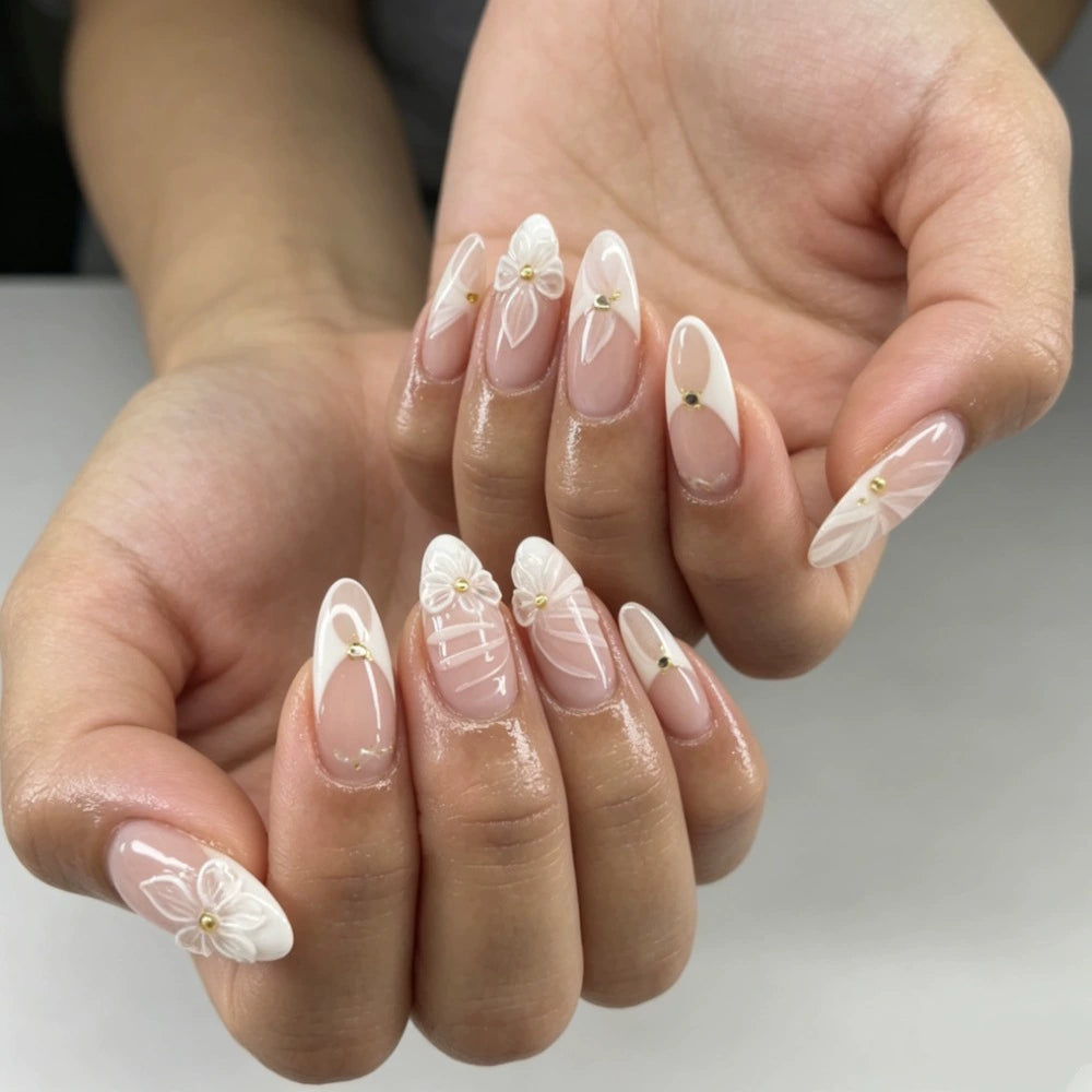 White 3D Almond Press-On Nails