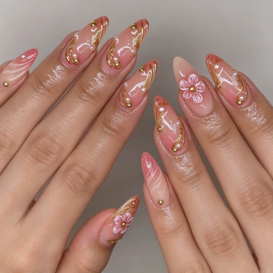 Gold 3D Floral Ombre Almond Press-On Nails