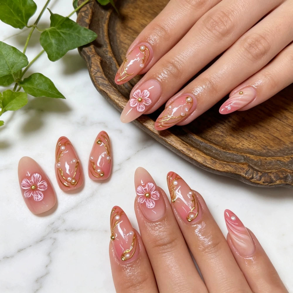 Gold 3D Floral Ombre Almond Press-On Nails