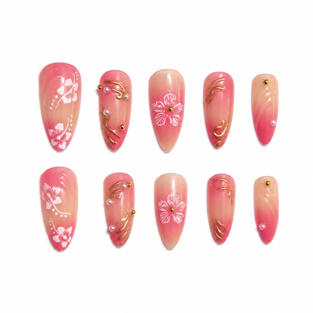 Gold 3D Floral Ombre Almond Press-On Nails