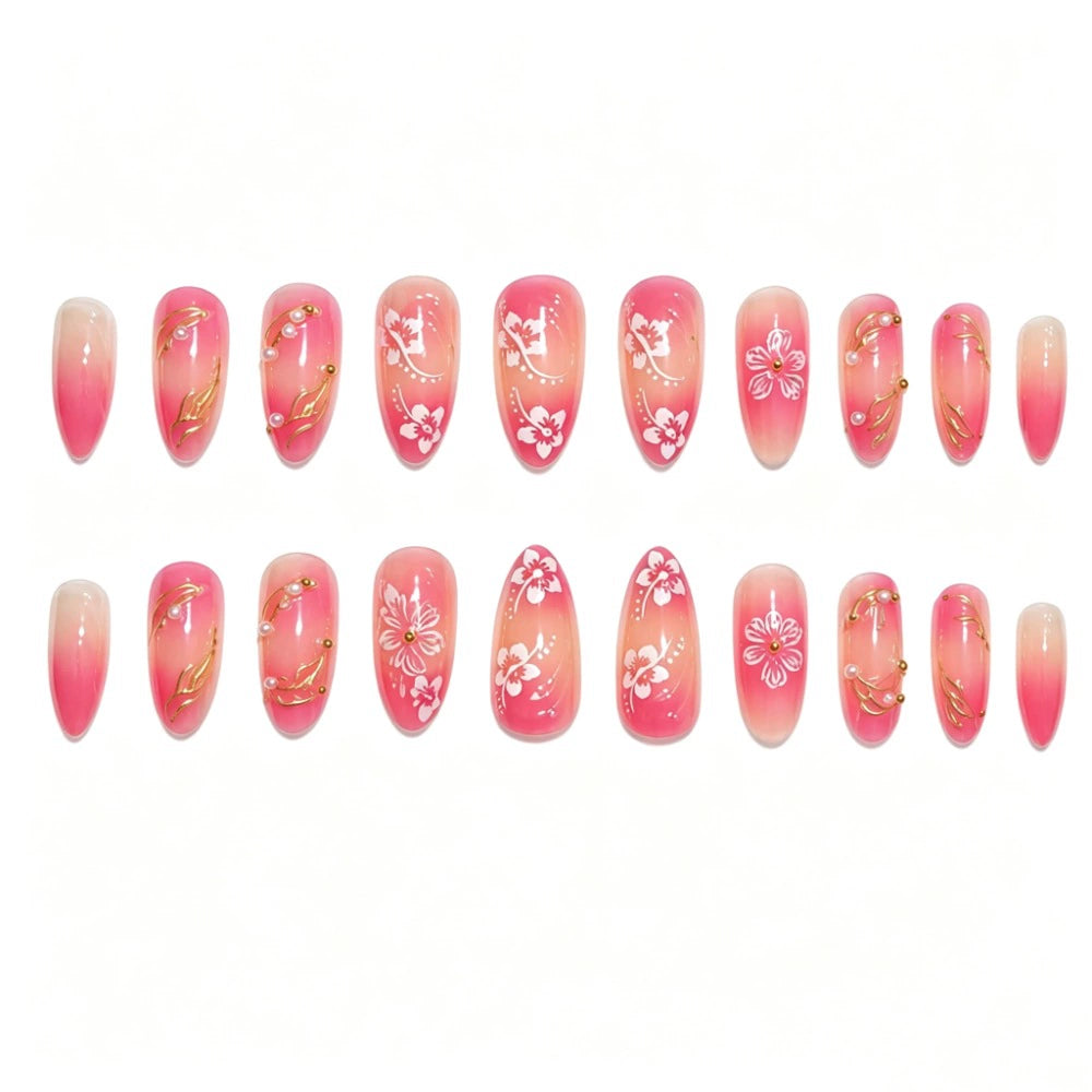 Gold 3D Floral Ombre Almond Press-On Nails