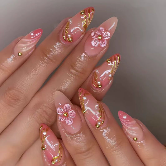 Gold 3D Floral Ombre Almond Press-On Nails