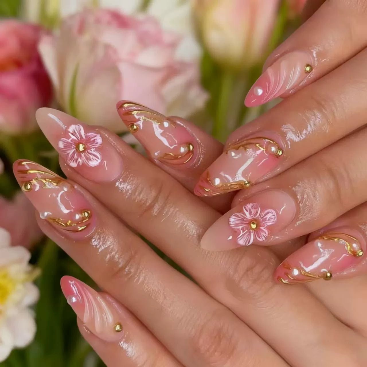Gold 3D Floral Ombre Almond Press-On Nails