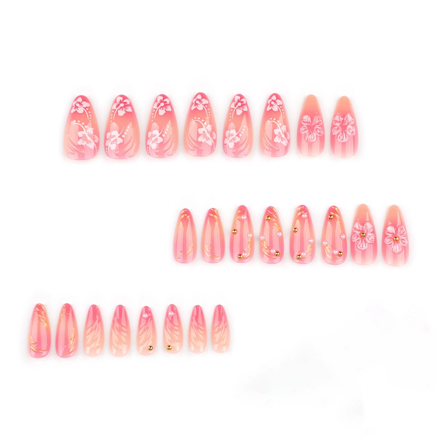 Gold 3D Floral Ombre Almond Press-On Nails