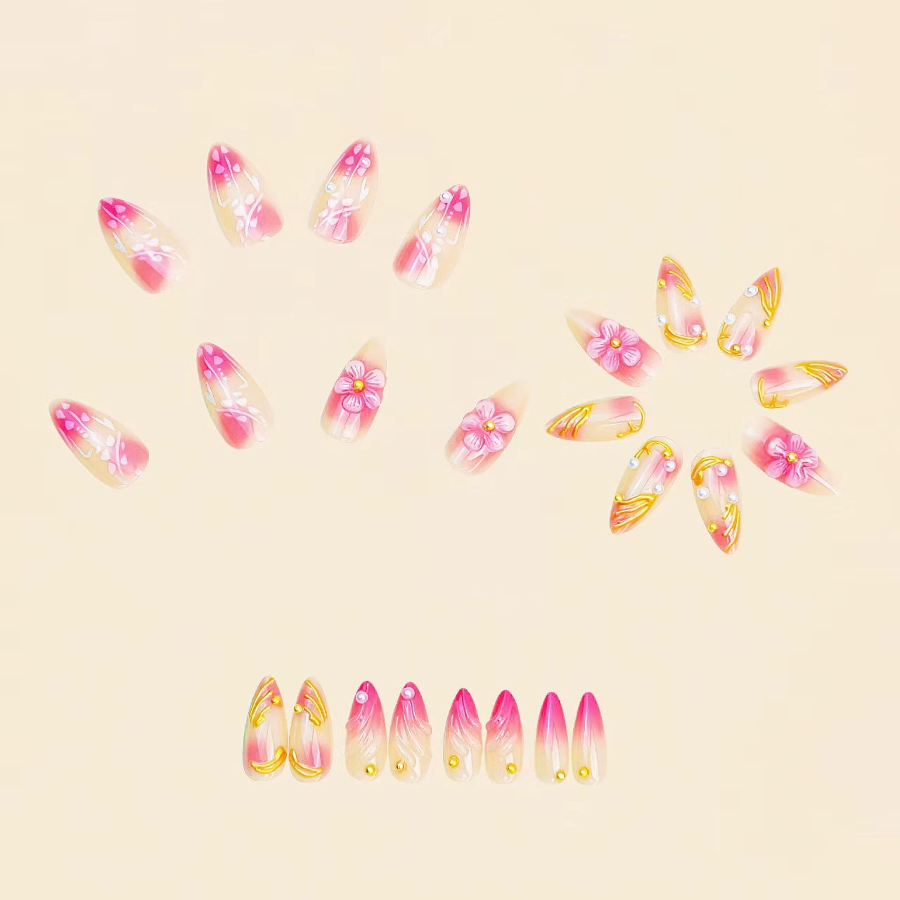 Gold 3D Floral Ombre Almond Press-On Nails