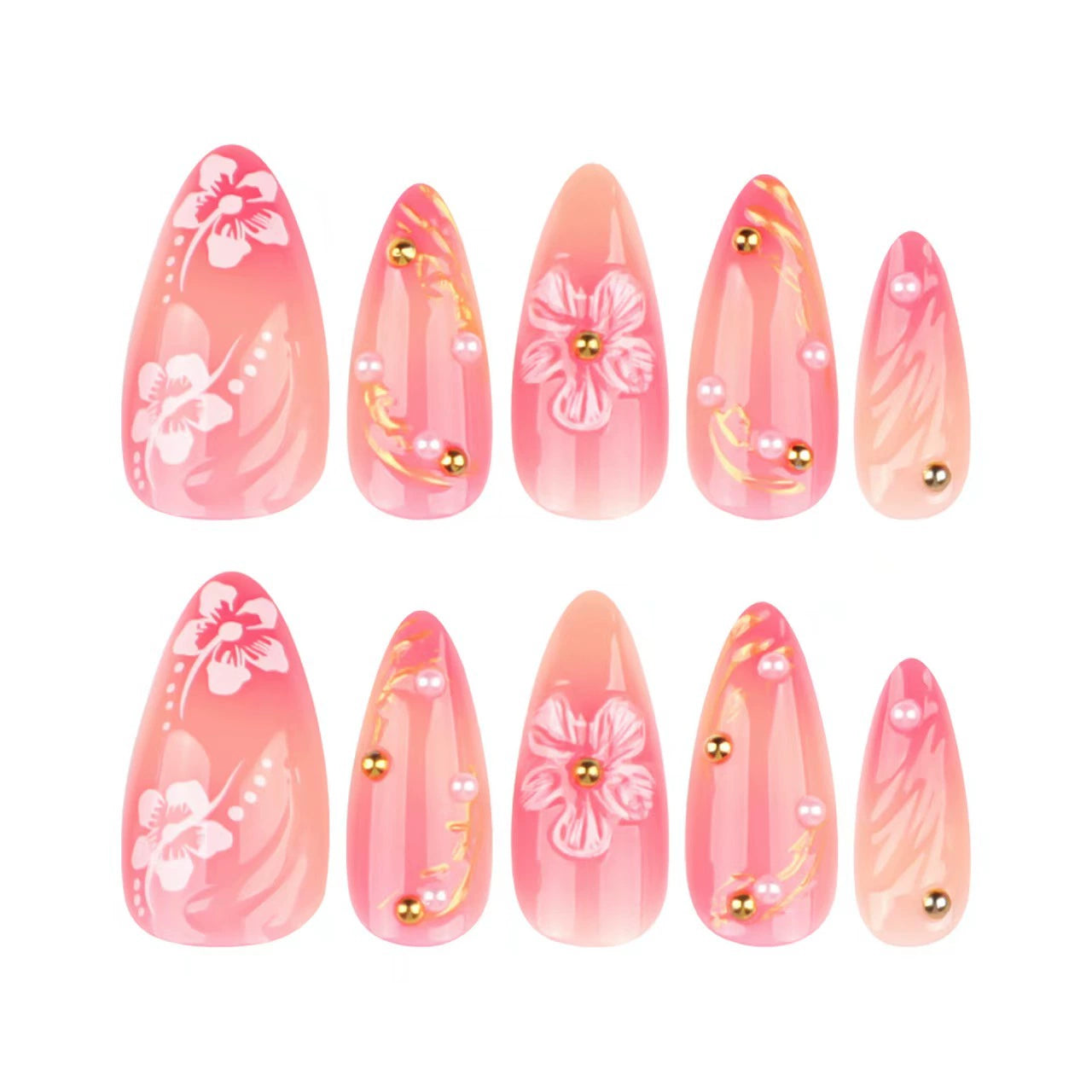Gold 3D Floral Ombre Almond Press-On Nails