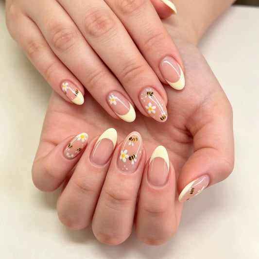 Yellow French Floral Almond Press-On Nails