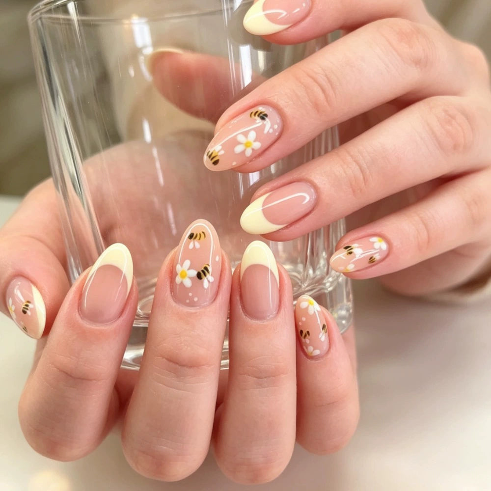 Yellow French Floral Almond Press-On Nails