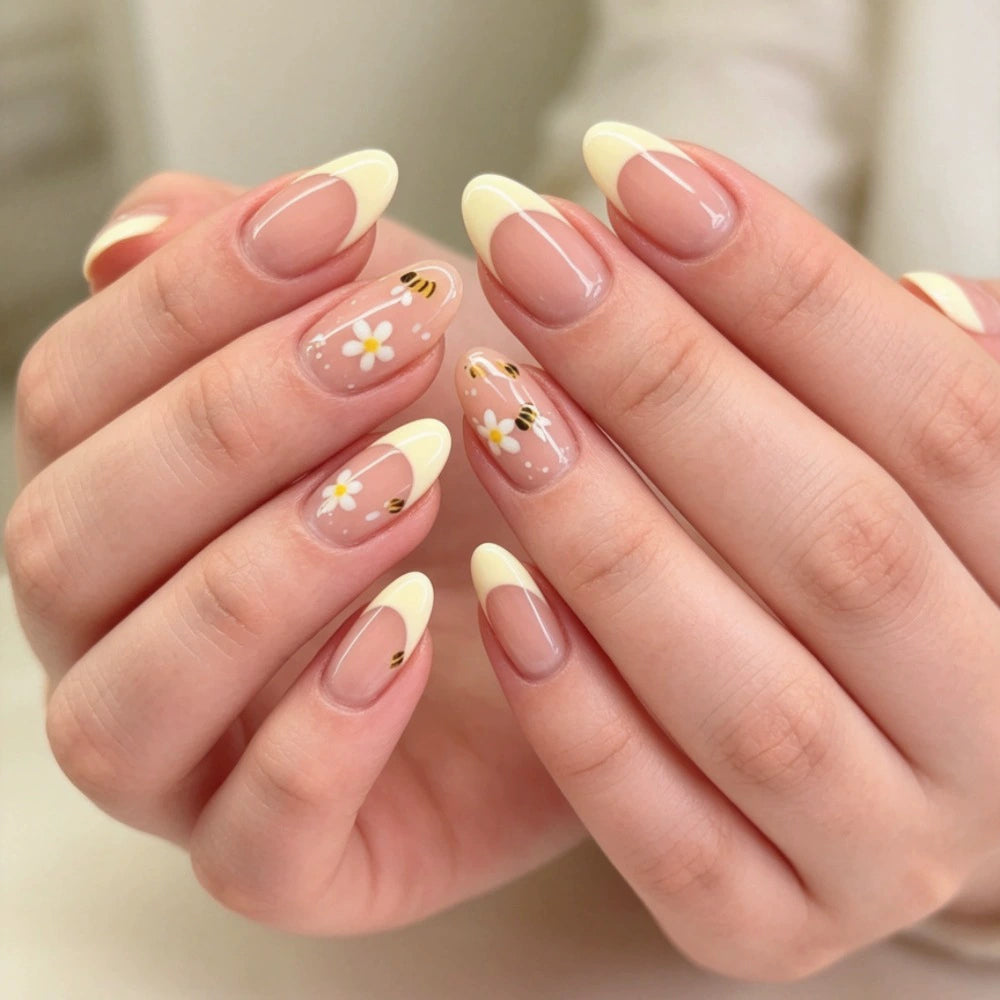 Yellow French Floral Almond Press-On Nails