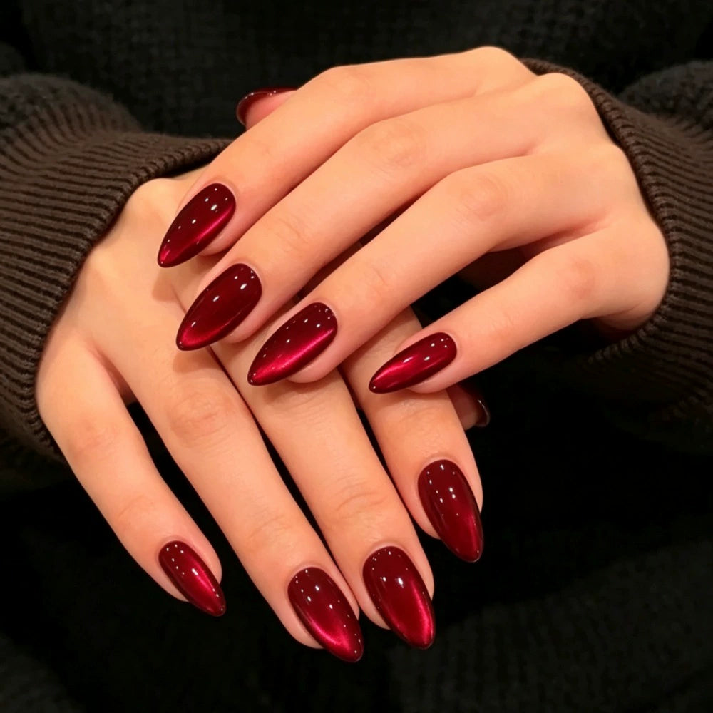 White Cat Eye Almond Press-On Nails